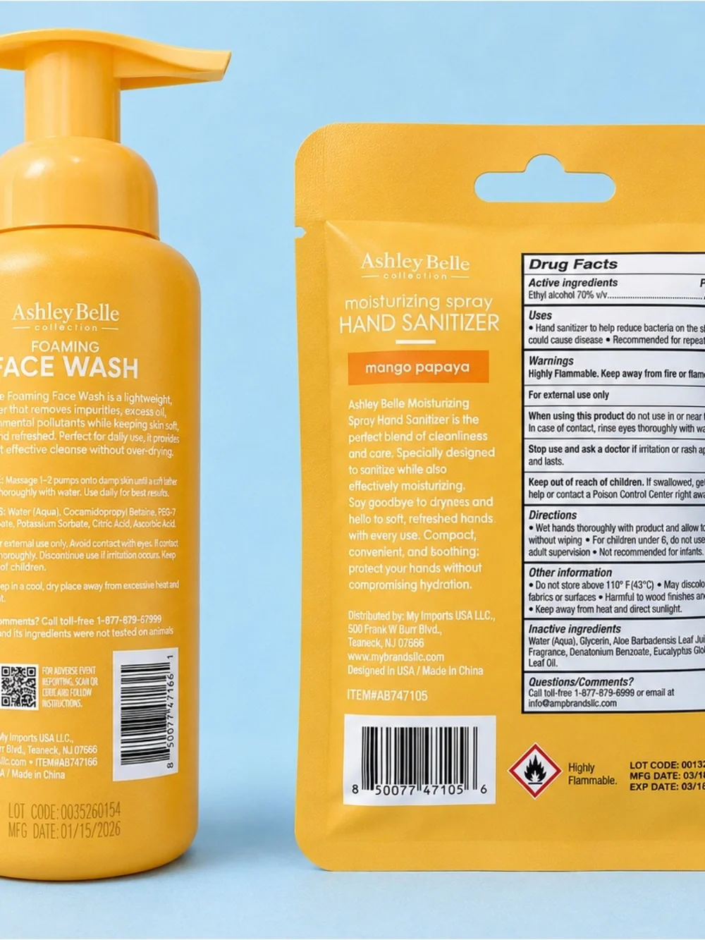 Gentle Foaming Face Wash & Mango Papaya Hand Sanitizer — Yellow